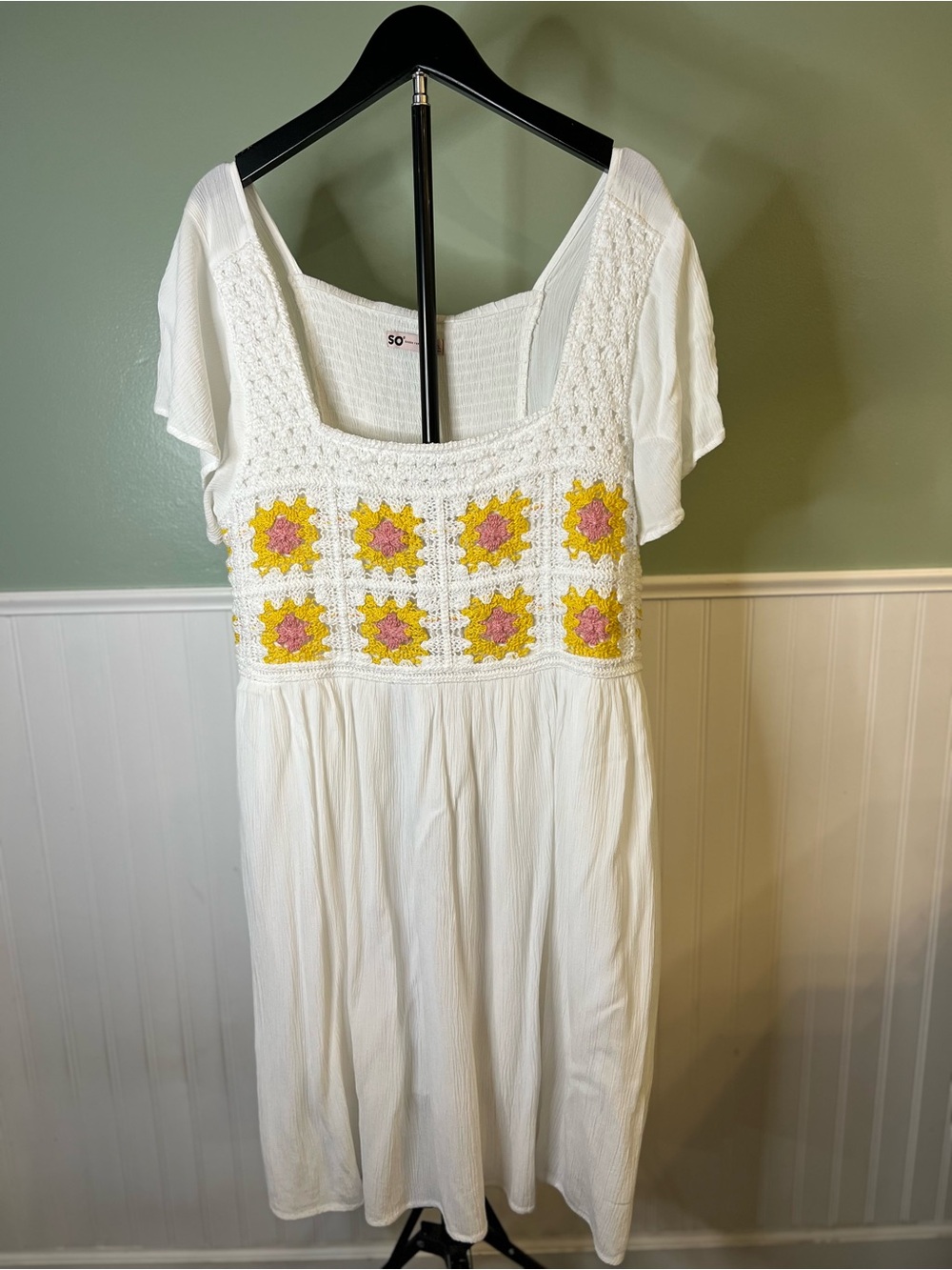 SO Lined White Midi Dress with Yellow & Pink Crochet Bodice. Size XL